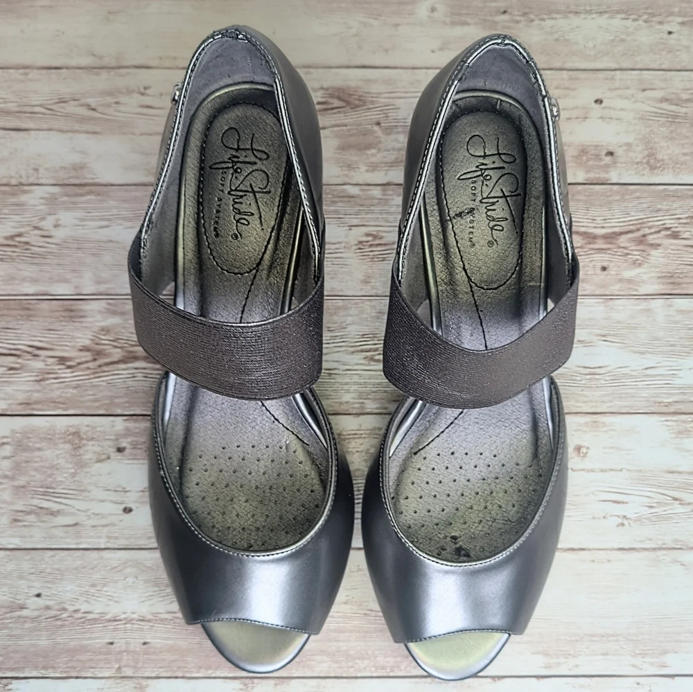 LifeStride Flex Dark Silver Pewter Open Toe Heels Metallic Size 9